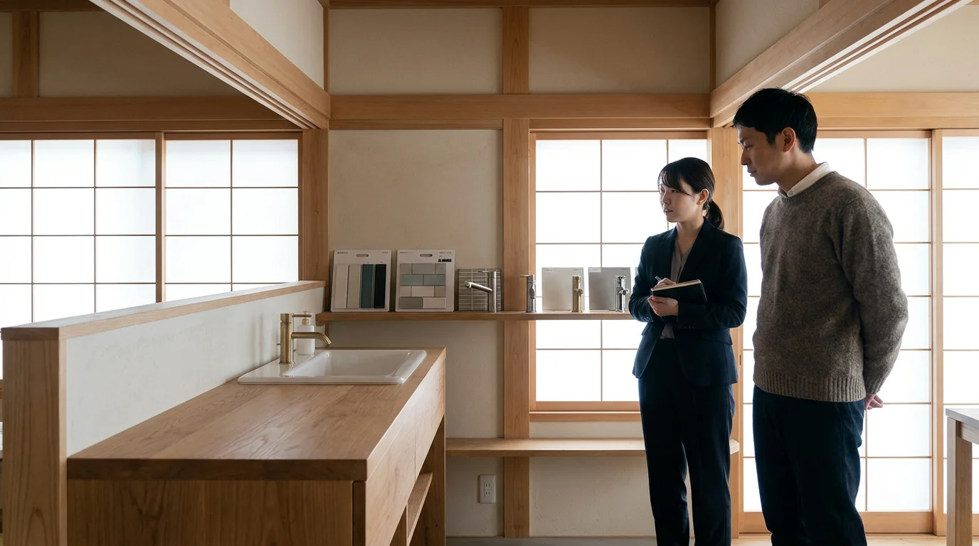 図面と住宅設備の資料を広げて住まいの相談をする手元