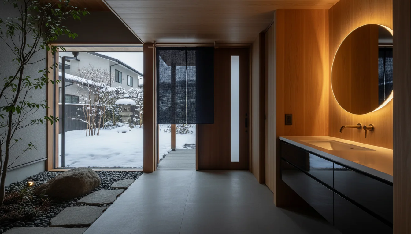 雪が残る住宅の玄関前と整えられたアプローチ
